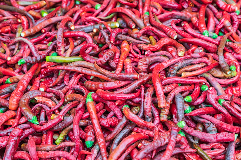 Dushanbe-Tajikistan Chili peppers for sale at the Mehrgon Market in Dushanbe